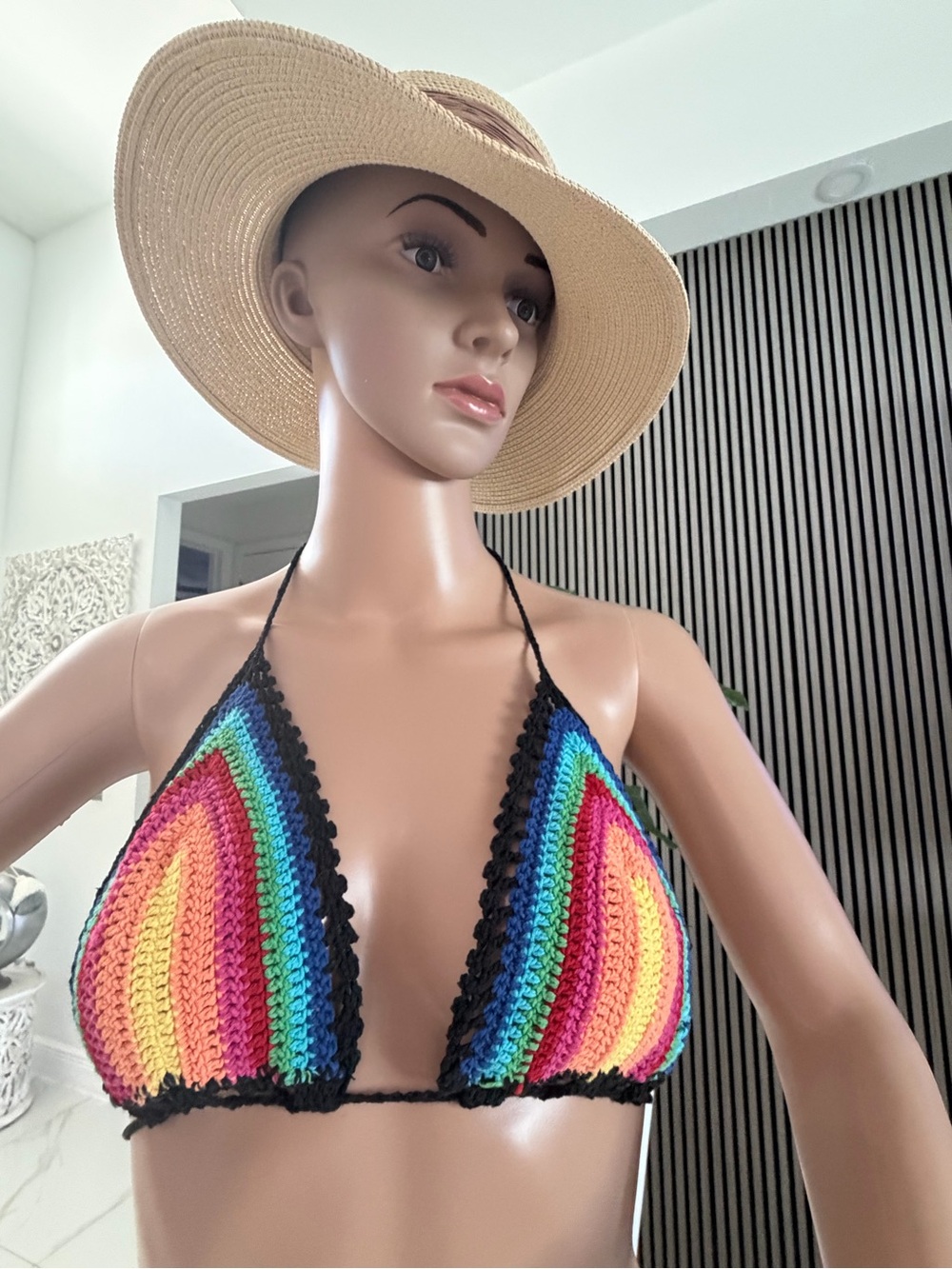 PrettyLittleThing Rainbow Crochet Triangle Bikini Top - Black Trim